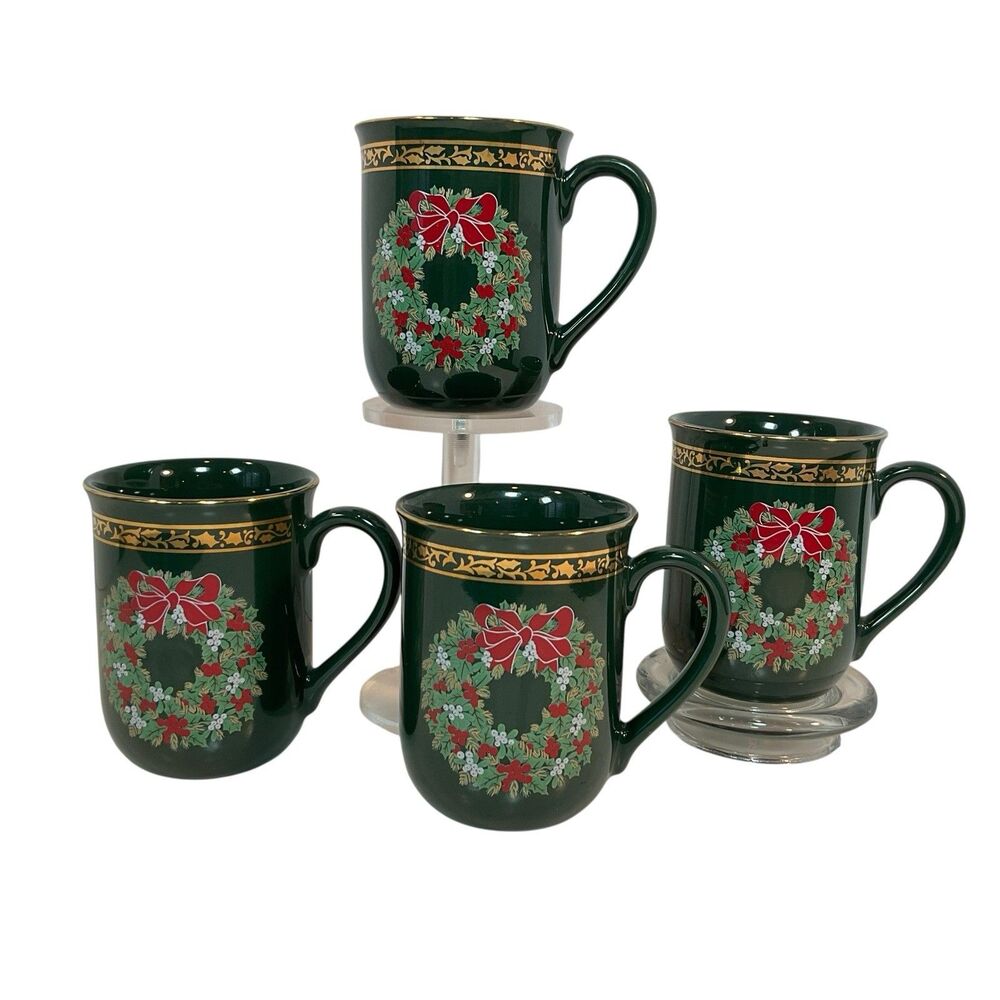 4 Otagiri Mugs Christmas Wreath Coffee Cup Vintage Gibson Japan 10 oz